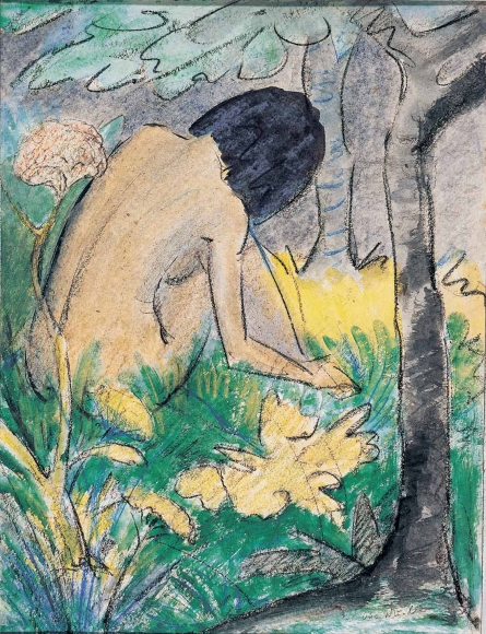 Otto Mueller (1874–1930), Kauerndes Mädchen im Walde, 1920–1922, watercolour and chalk on paper, 66 x 52.5 cm / 25.98 x 20.47 in.